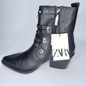 ZARA Women’s Black Studded Ankle Boots Size 7.5 Block Heel Side Zip New w/ Tag